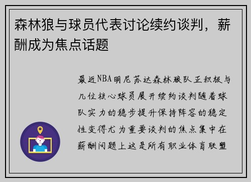 森林狼与球员代表讨论续约谈判，薪酬成为焦点话题