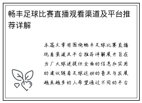 畅丰足球比赛直播观看渠道及平台推荐详解